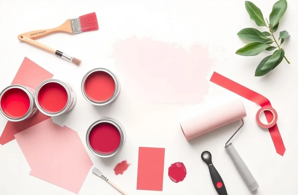 Pots de peinture, nuancier, brosses et rouleaux disposés à plat