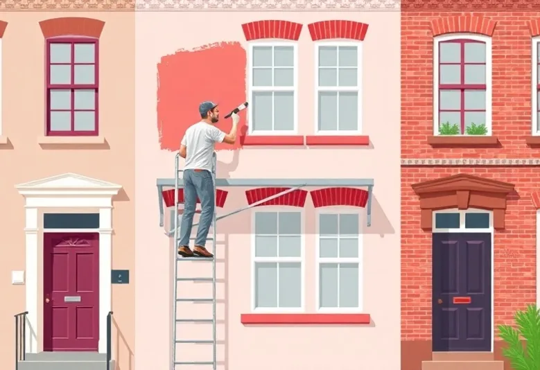 Peintre sur échafaudage traitant la façade d'une maison